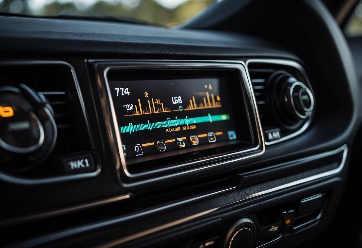 A car battery drains with radio on, showing low voltage on dashboard display