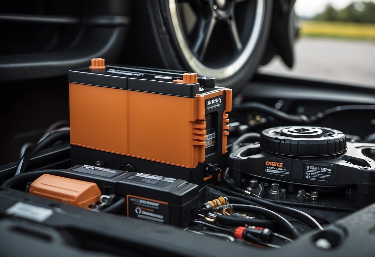 A car battery sits next to a set of brakes, with cables connecting the two components