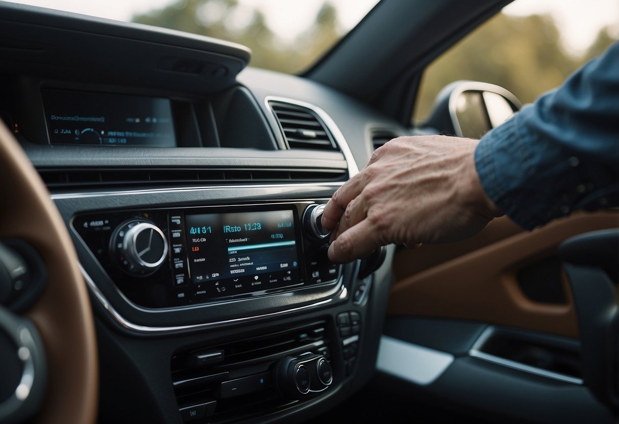 A stereo being installed in a car with the car battery disconnected