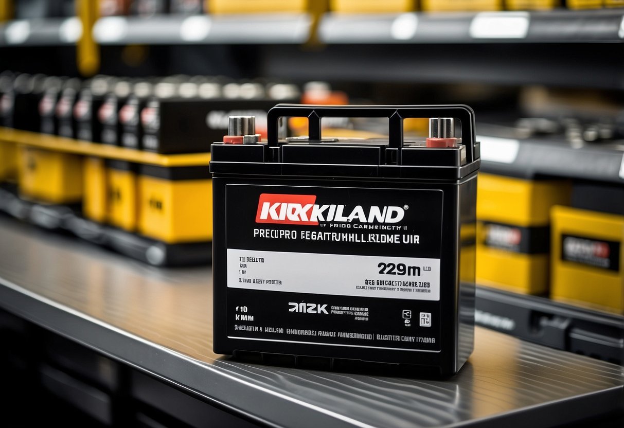 A Kirkland car battery sits on a shelf, surrounded by other automotive products. Its sleek design and prominent branding suggest quality and reliability