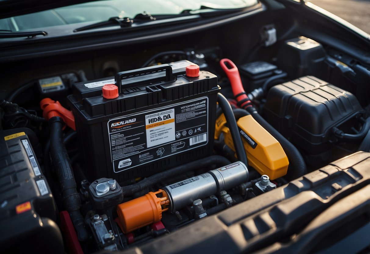 A car battery with the Kirkland brand label sits in a vehicle engine compartment, surrounded by clean and organized tools and equipment