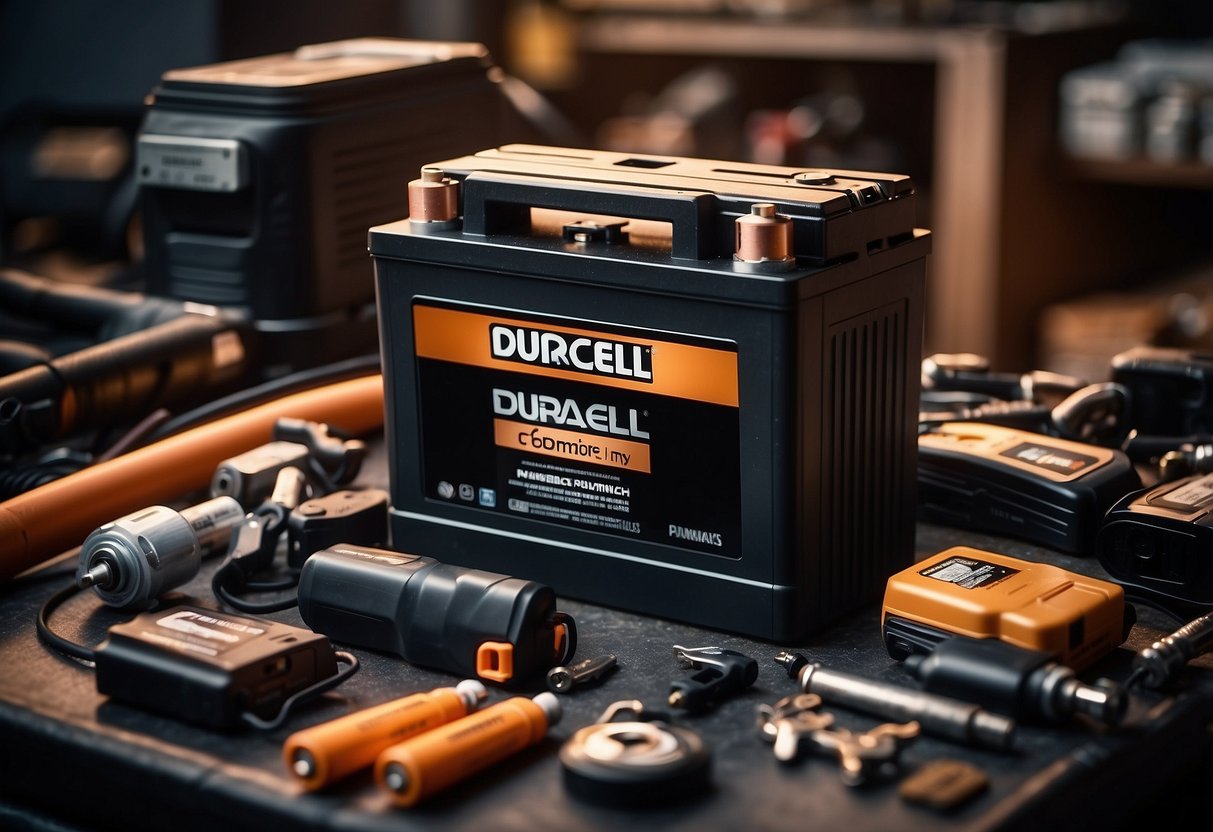 A Duracell car battery sits prominently in a garage, surrounded by various automotive tools and equipment. Its sleek design and prominent branding convey a sense of durability and reliability