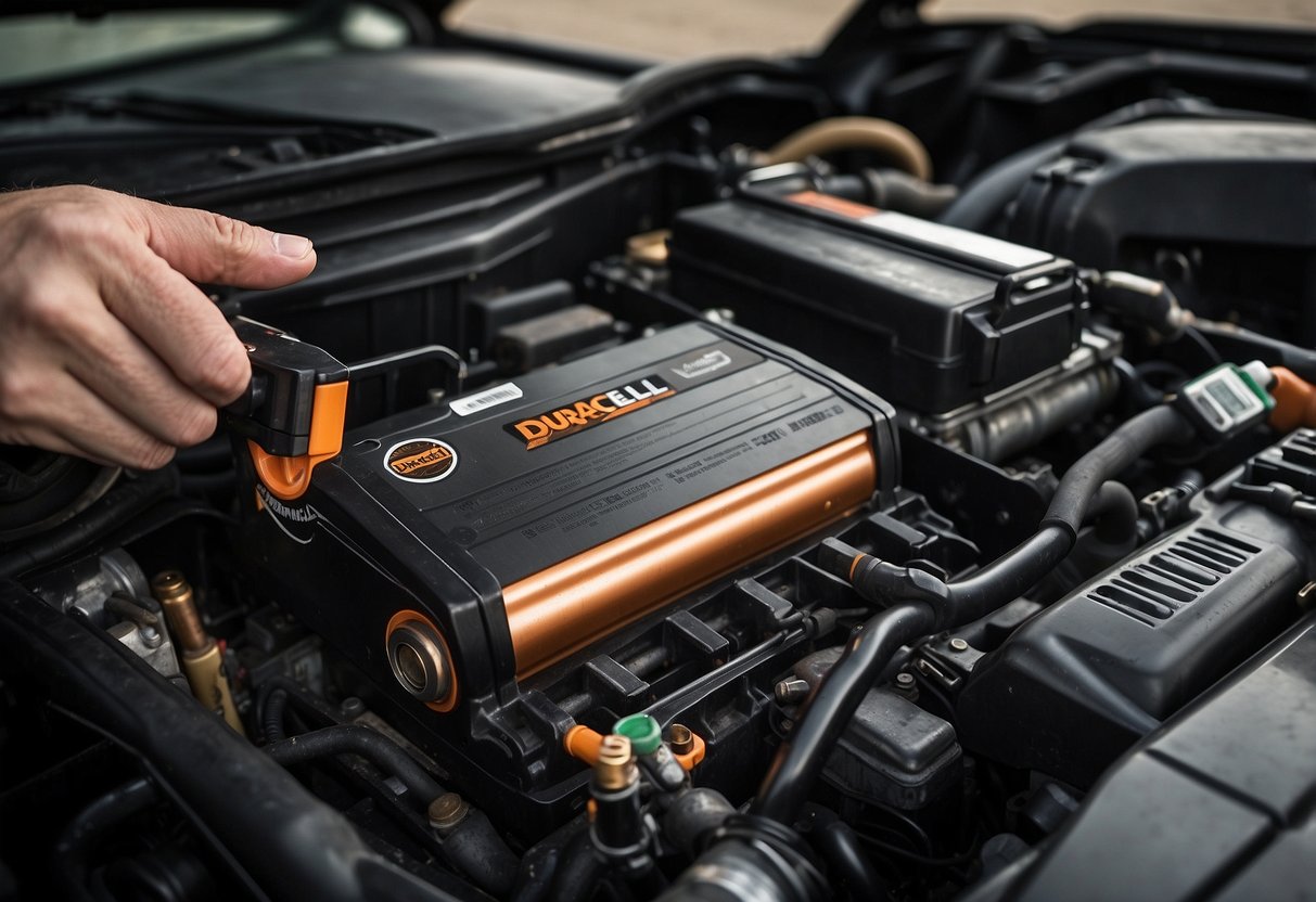 A Duracell car battery sits on a clean, well-maintained engine. A mechanic holds a maintenance manual, pointing to the section on longevity tips