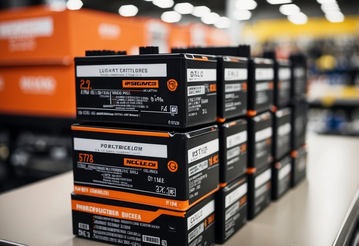 A stack of car batteries on display with price tags at a Costco store