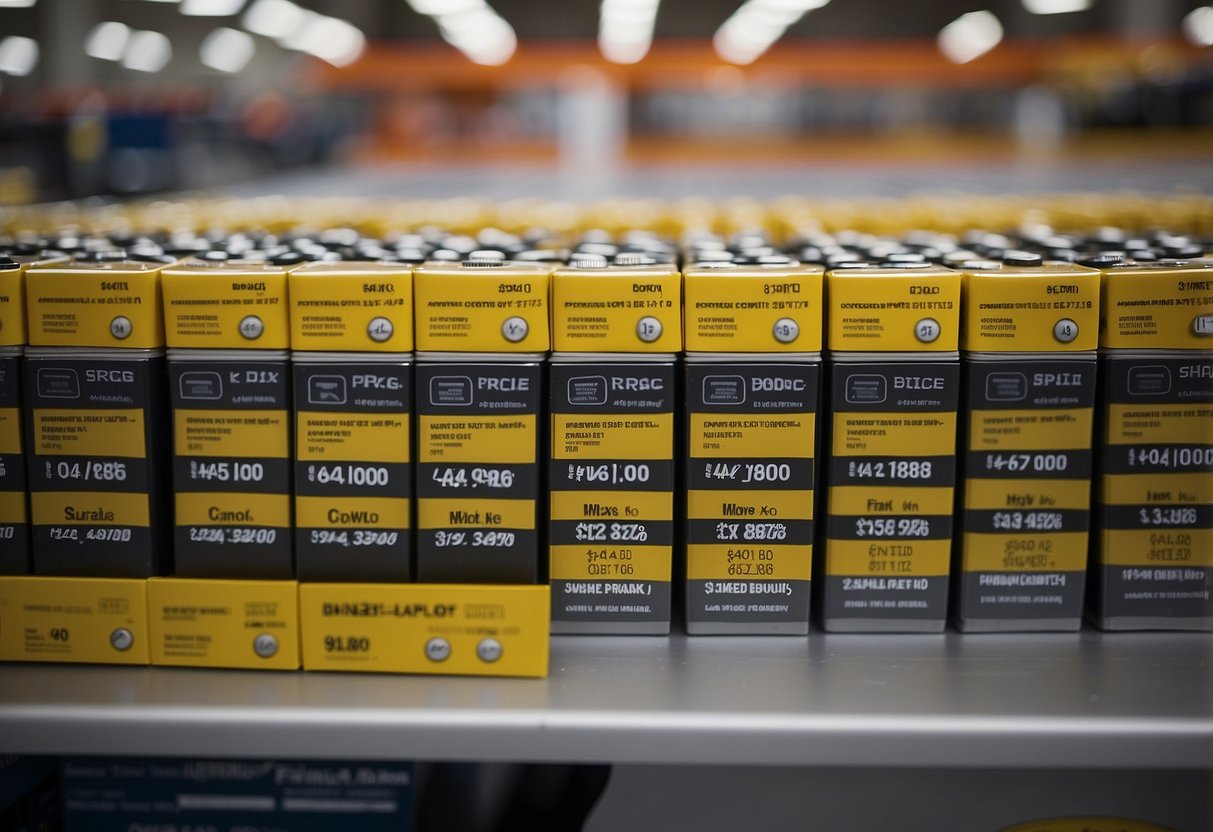 A display of car batteries at Costco with price tags visible