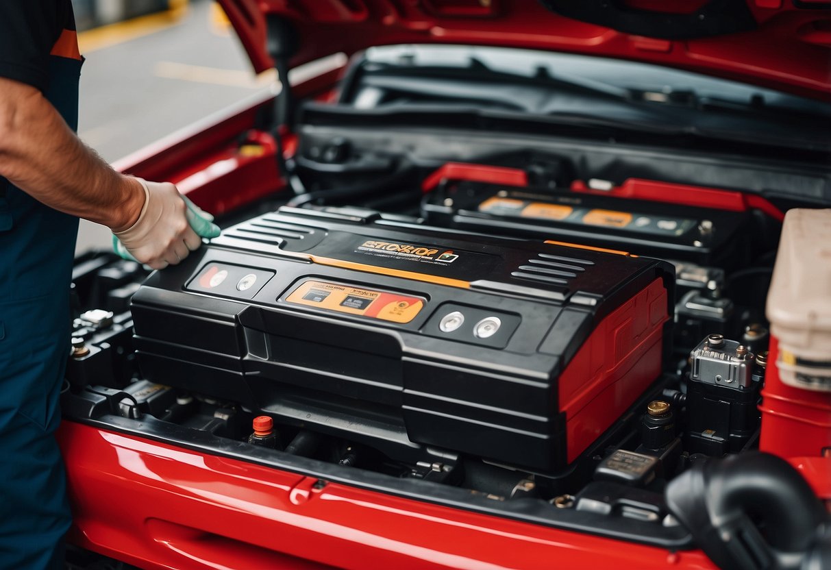 A car battery being installed at Costco with maintenance tools nearby