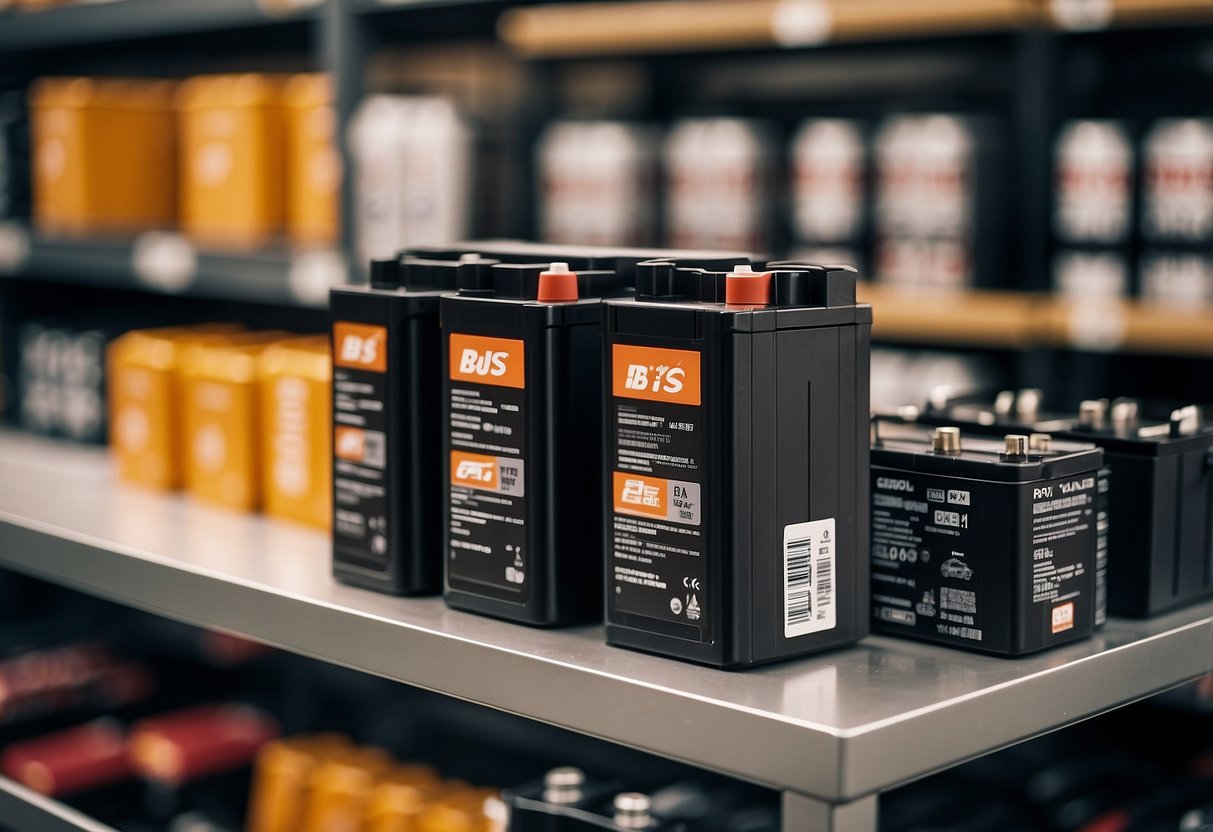 A car battery sits on a shelf at BJ's, surrounded by other automotive products