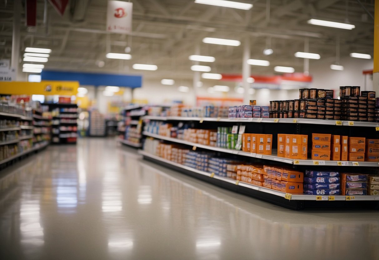 A large BJ's Wholesale Club with a variety of products. A customer asks an employee, "Does BJ's sell car batteries?"