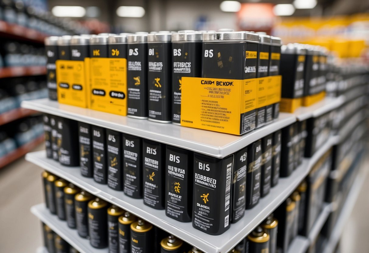 Various car batteries are displayed on shelves at BJ's, including lead-acid, AGM, and lithium-ion types. The batteries are neatly organized and labeled with their specifications