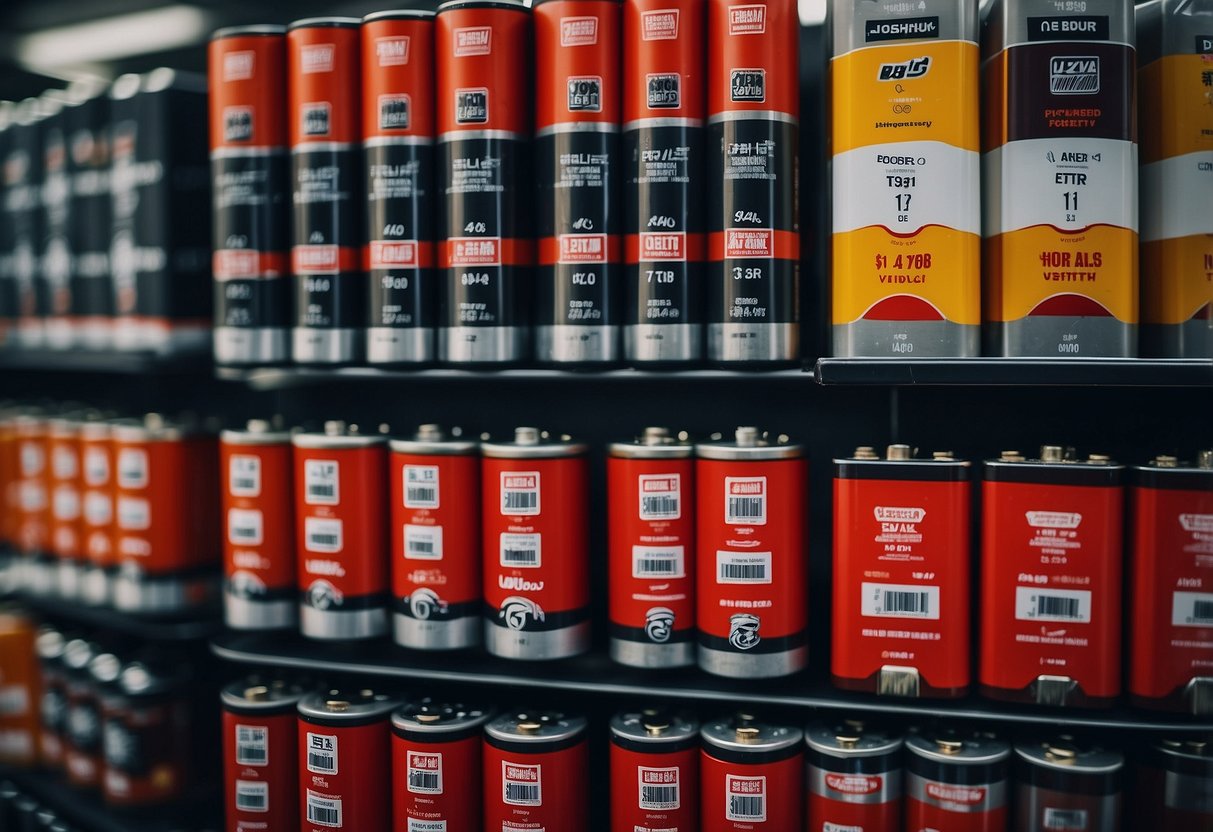 A display of various car battery brands and prices at BJ's warehouse store