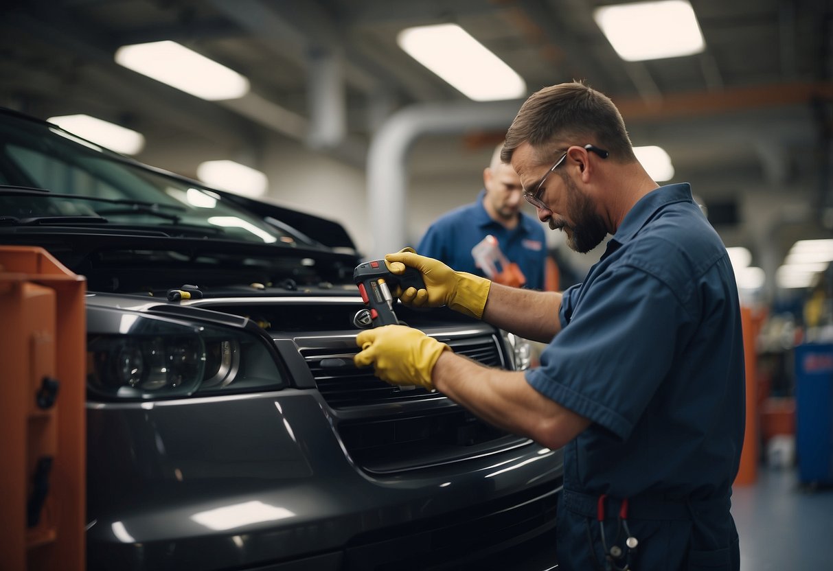 A car battery being installed by a technician at a BJ's service center. Tools and equipment are scattered around the work area