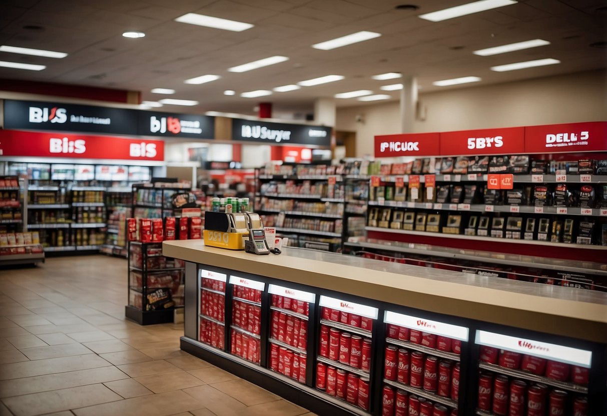 BJ's store with car batteries on display, signage with purchase policies and customer care information