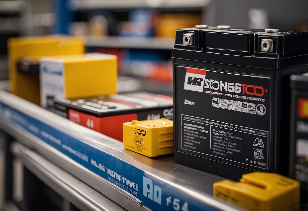 A Costco car battery sits on a shelf, surrounded by other automotive products. The label proudly displays the brand name and key specifications