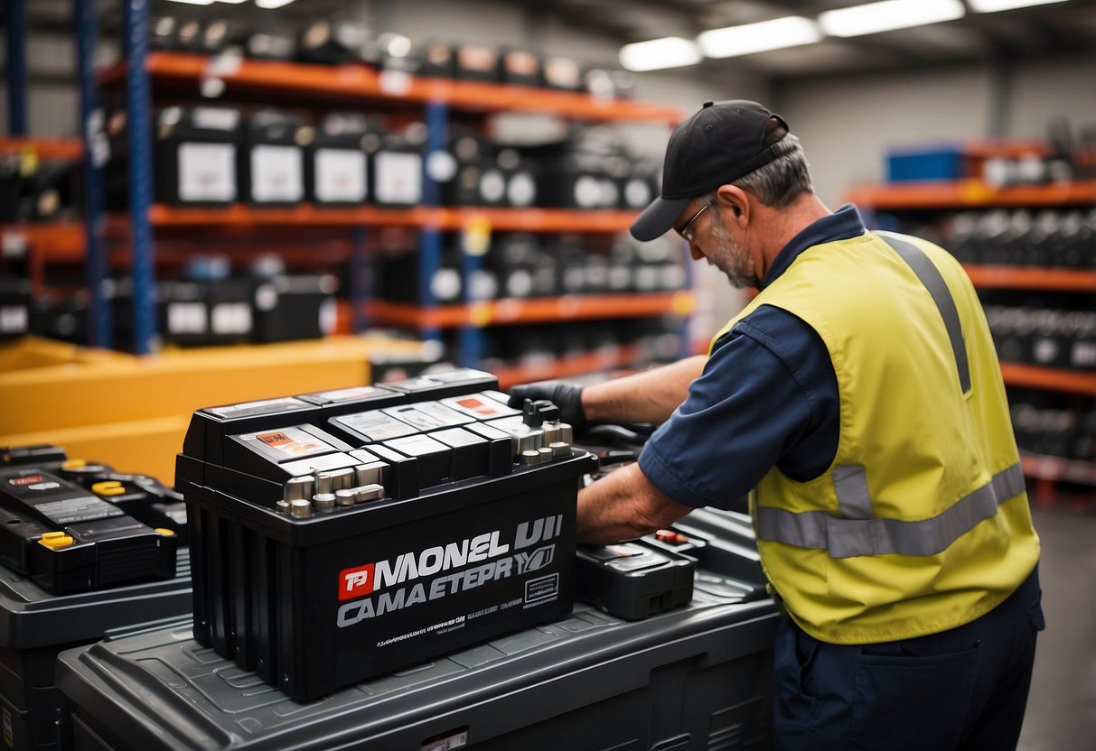 A Costco car battery is being installed by a technician in a well-lit, spacious garage with shelves stocked with various car batteries