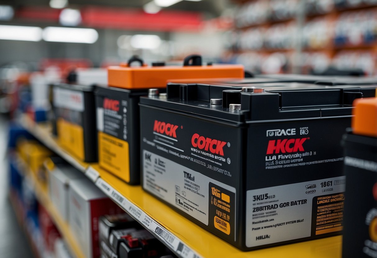 A Costco car battery sits on a shelf, surrounded by other automotive products. The packaging prominently displays the brand name and features