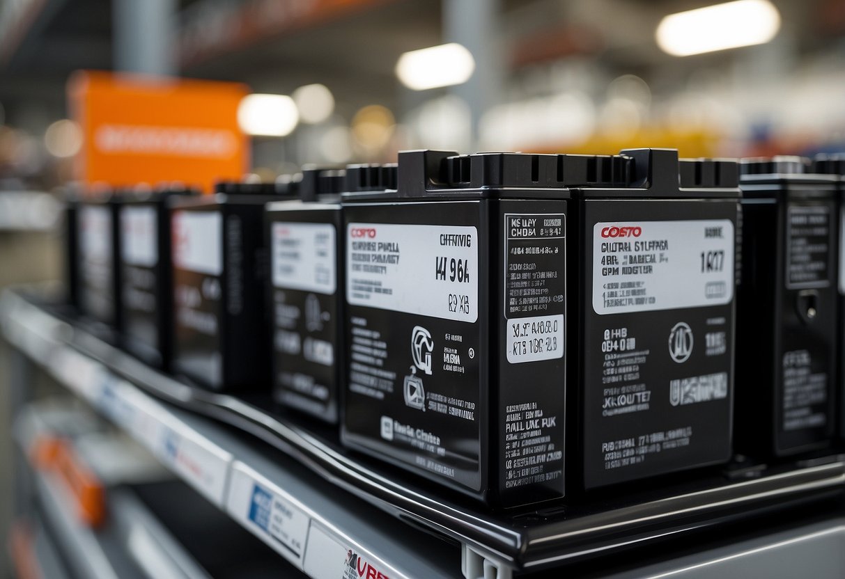 A Costco car battery sits on a shelf, surrounded by environmental and safety information labels