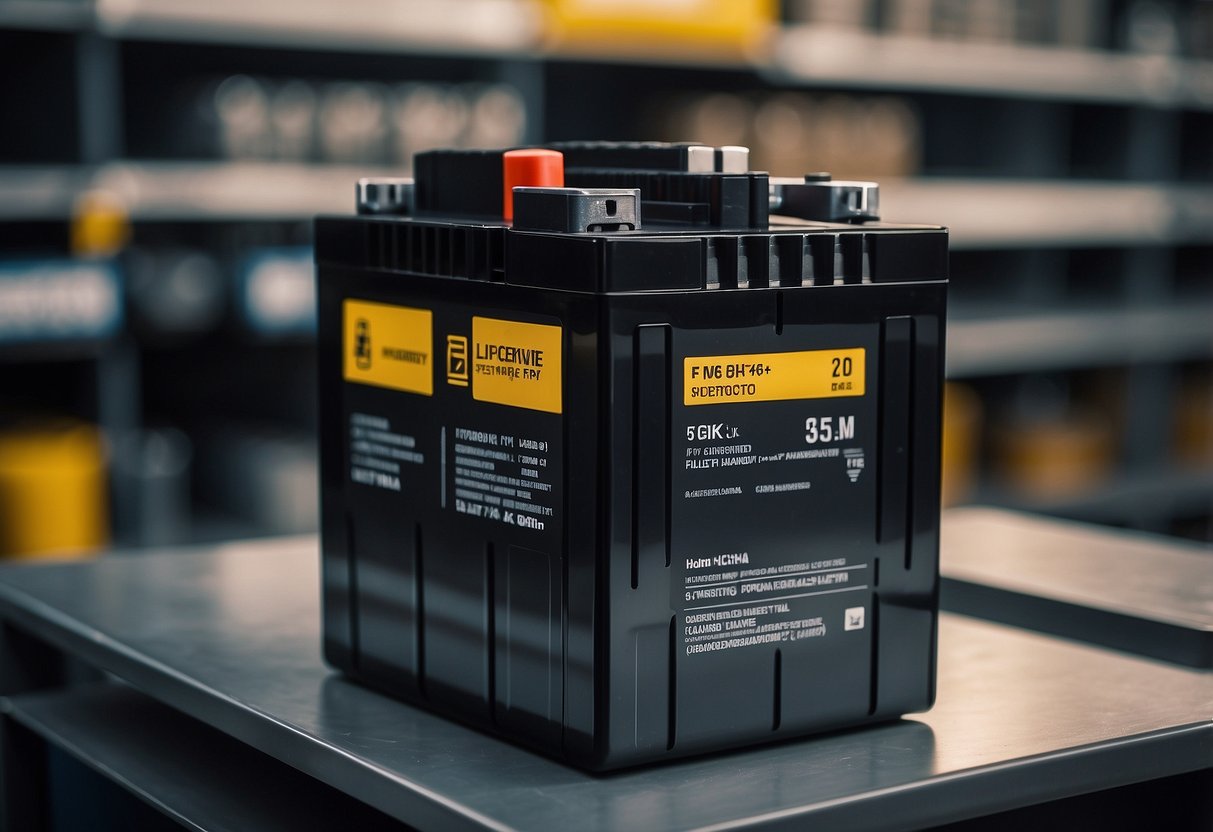 A car battery sits on a shelf, wrapped in plastic, with a label indicating it is fully charged