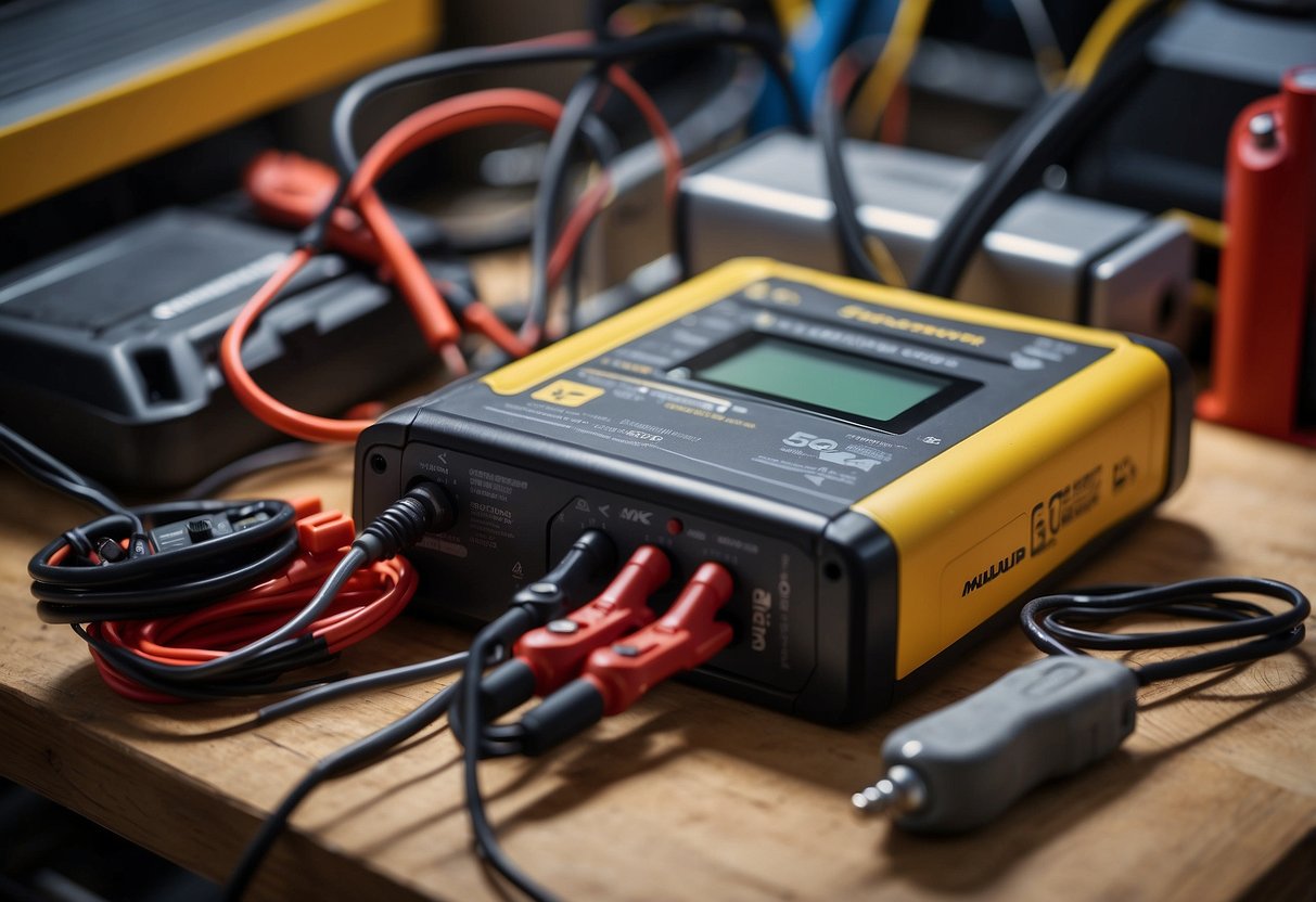 A car battery sits on a workbench, surrounded by tools and cables. A multimeter measures its voltage, while a charger stands nearby