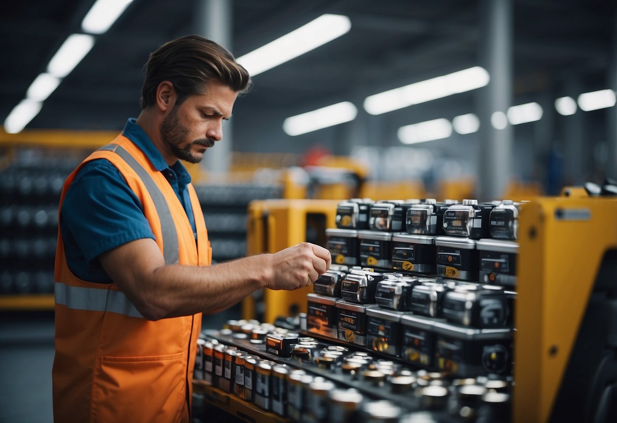 A factory worker charges and sets up car batteries