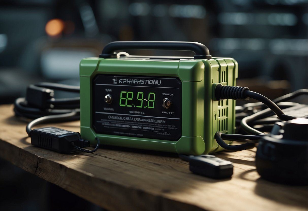 A car battery sits on a workbench, connected to a charger with cables. The charger's indicator light glows green, showing that the battery is fully charged