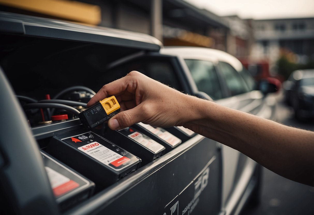 A hand reaching for a new car battery on a shelf, while an old battery sits in a recycling bin nearby