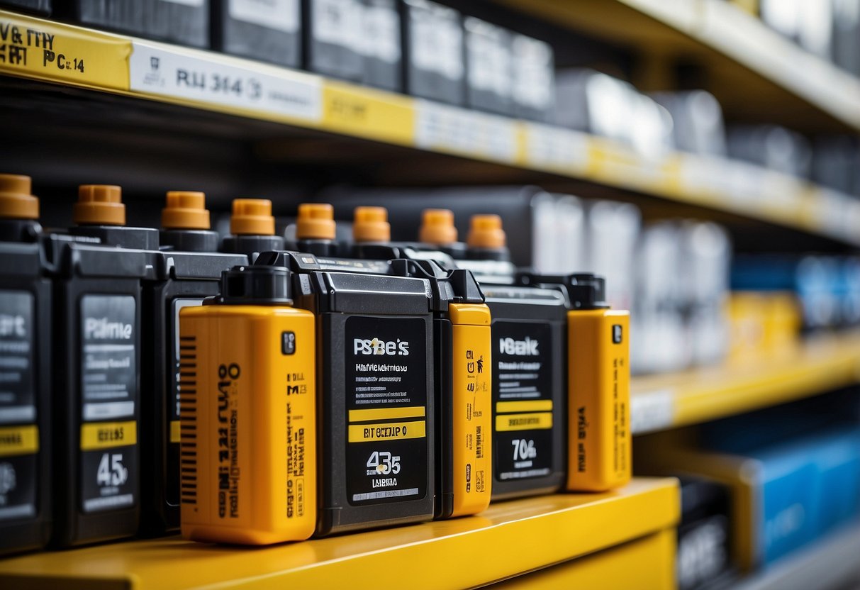 A car battery sits on a shelf in an auto parts store, surrounded by other automotive products. The packaging prominently displays the brand name and touts the battery's reliability and performance