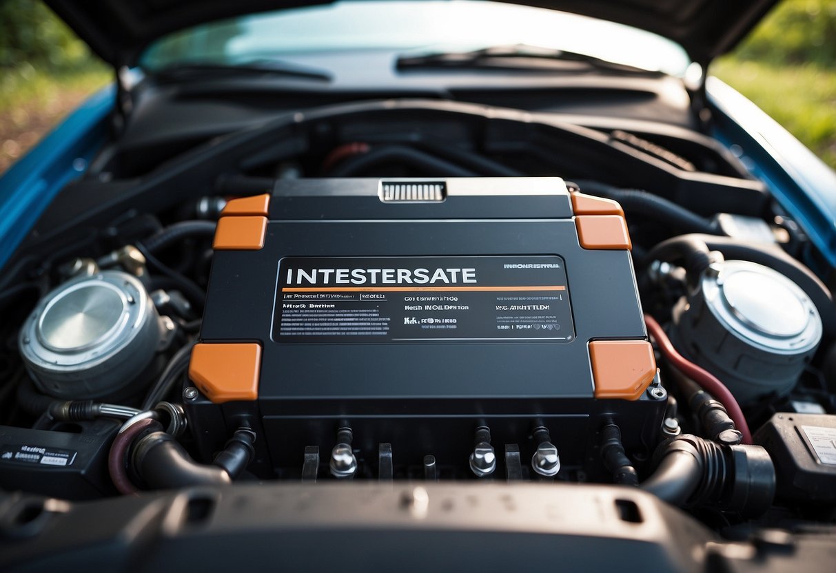 A car battery labeled "Interstate" sits snugly in the engine compartment, with clear compatibility and fitment with the vehicle's specifications