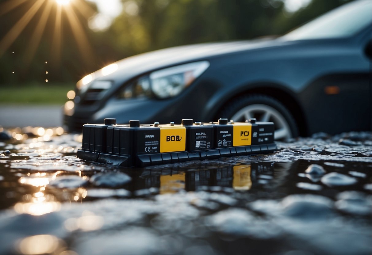 A car battery sits in a puddle of water, with droplets clinging to its surface