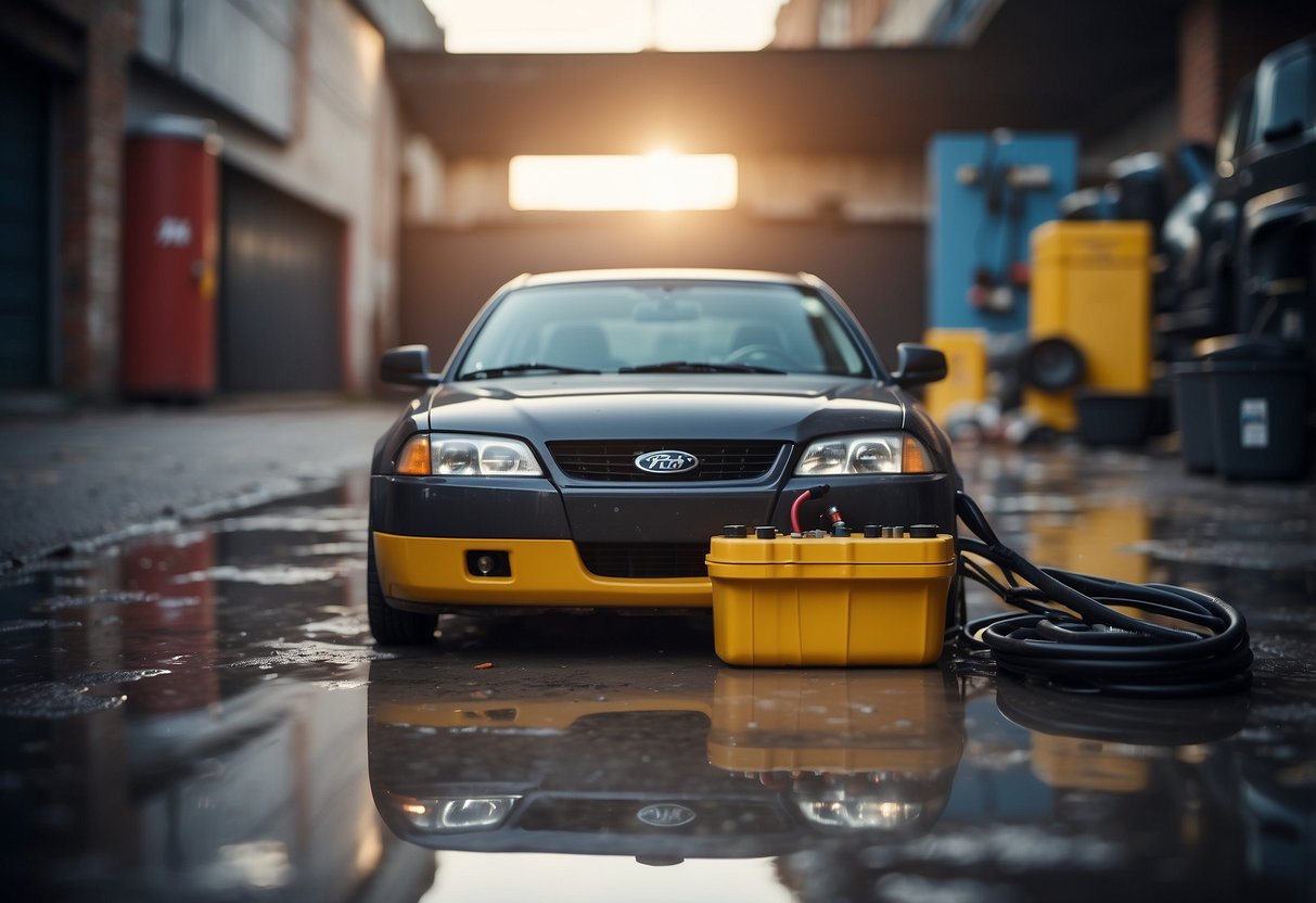 A car battery sits on a garage floor, surrounded by scattered tools and a small puddle of water