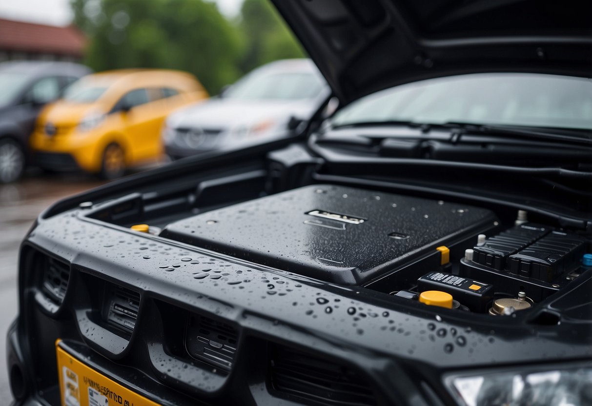 Car battery covered in waterproof casing, surrounded by raindrops. Avoiding direct exposure to water, with protective measures in place