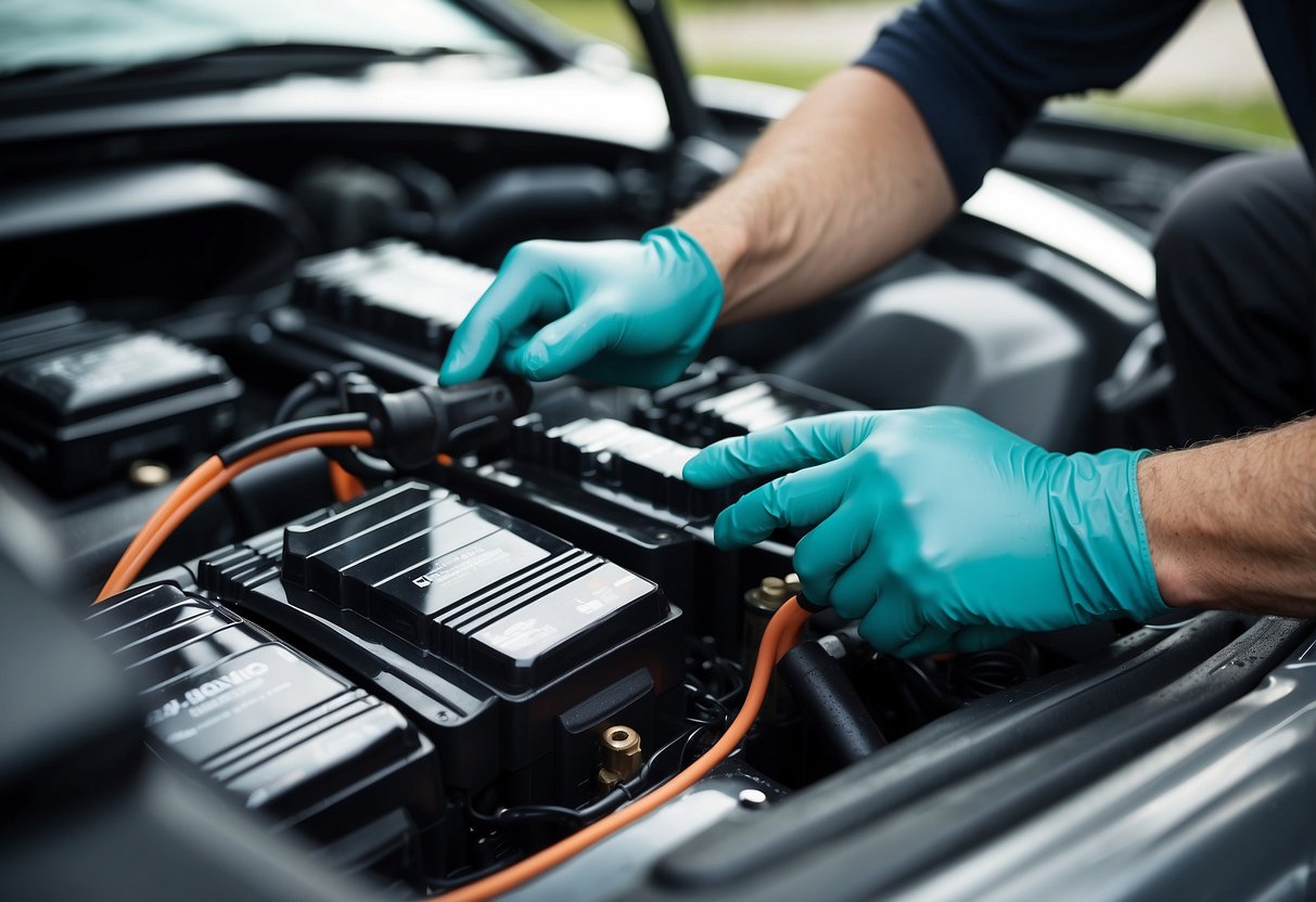 A mechanic wearing gloves carefully handles a wet car battery, placing it on a dry surface and using absorbent materials to clean up any spilled electrolyte