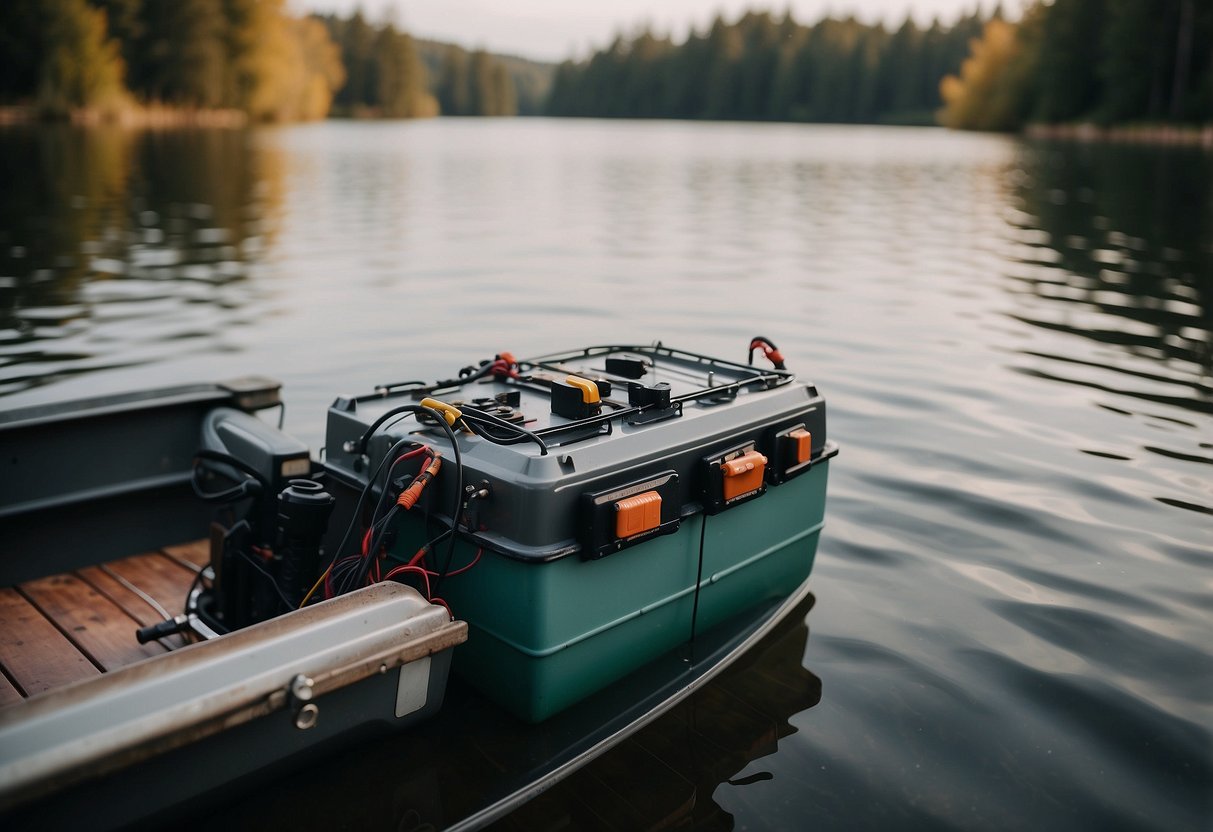 A car battery connected to a trolling motor on a small fishing boat in a calm lake