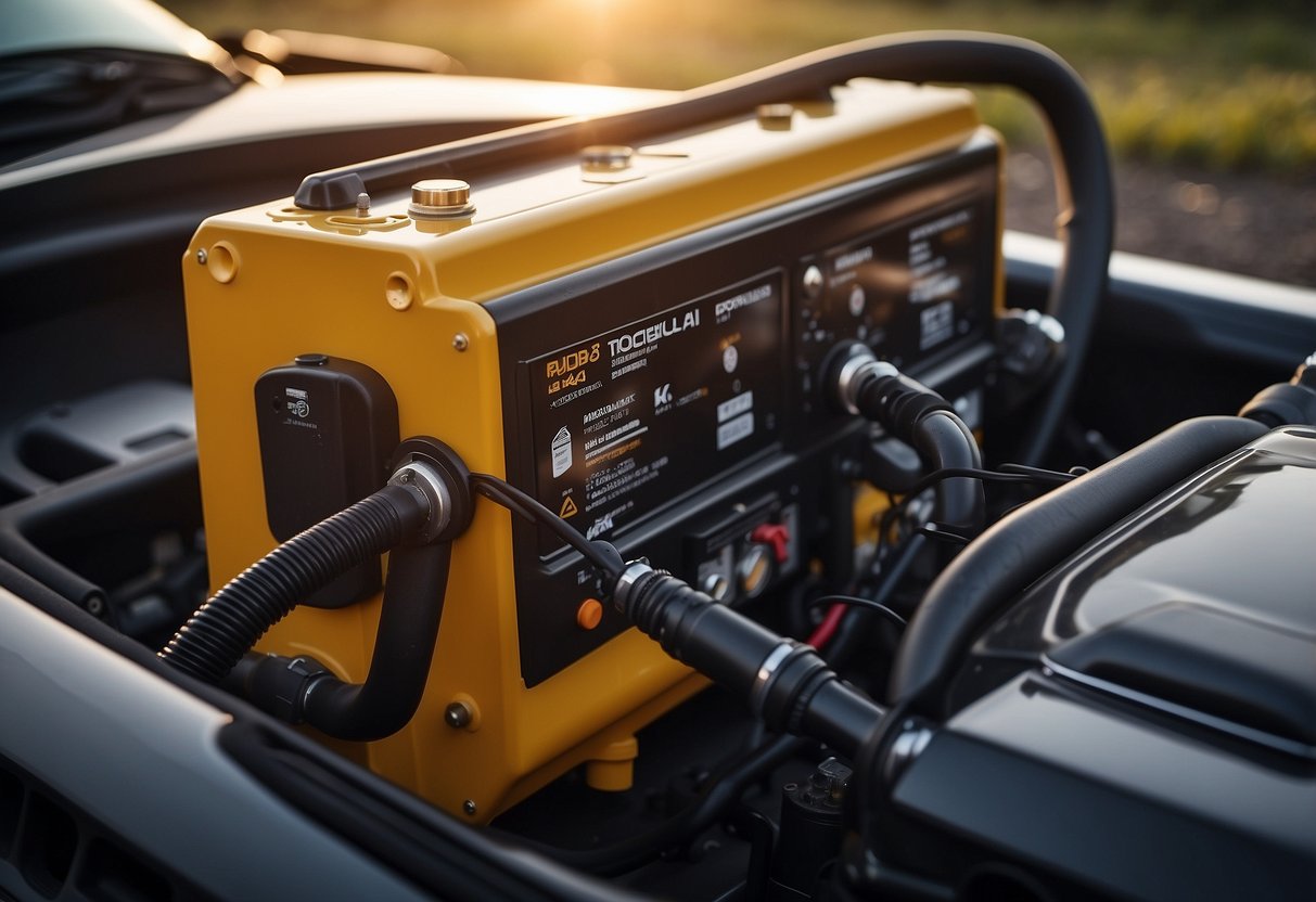 A car battery and a trolling motor are placed side by side, with a question mark hovering above them