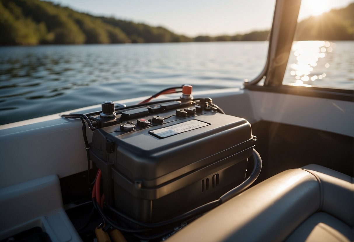 A car battery connected to a trolling motor on a boat, demonstrating the potential use of car batteries for powering trolling motors