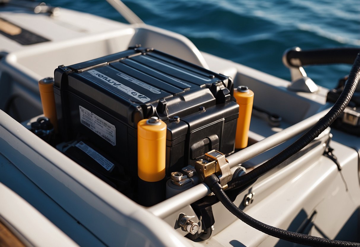 A car battery connected to a trolling motor on a boat, with cables and connectors visible