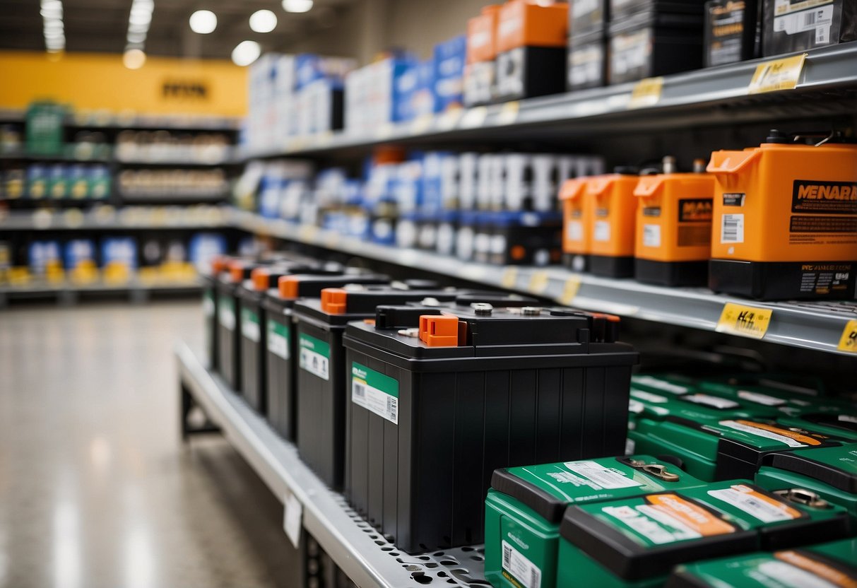 A car battery sits on a shelf in a well-lit aisle at Menards, surrounded by various automotive supplies and accessories