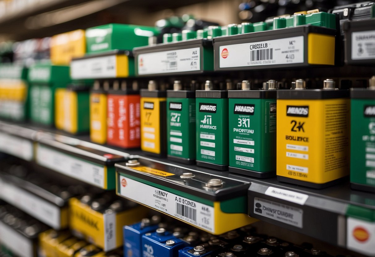 Menards displays a variety of car batteries in stock, showcasing their availability and assortment for potential customers