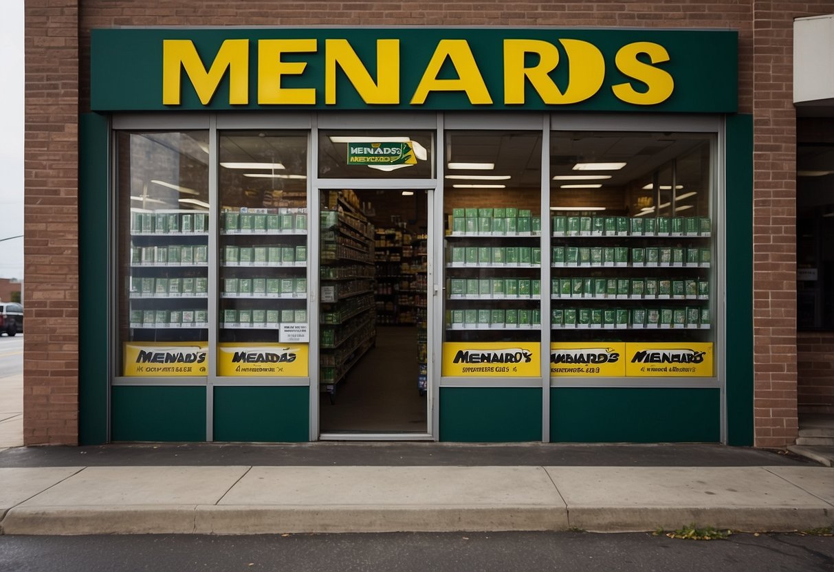 A storefront with a sign reading "Menards" and a display of car batteries with visible technical specifications and compatibility information