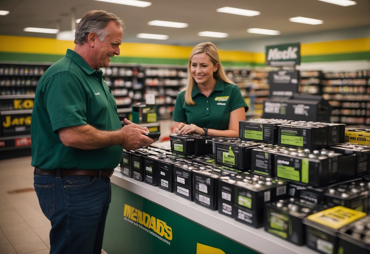 Menards store with car batteries on display and a customer service representative assisting a customer