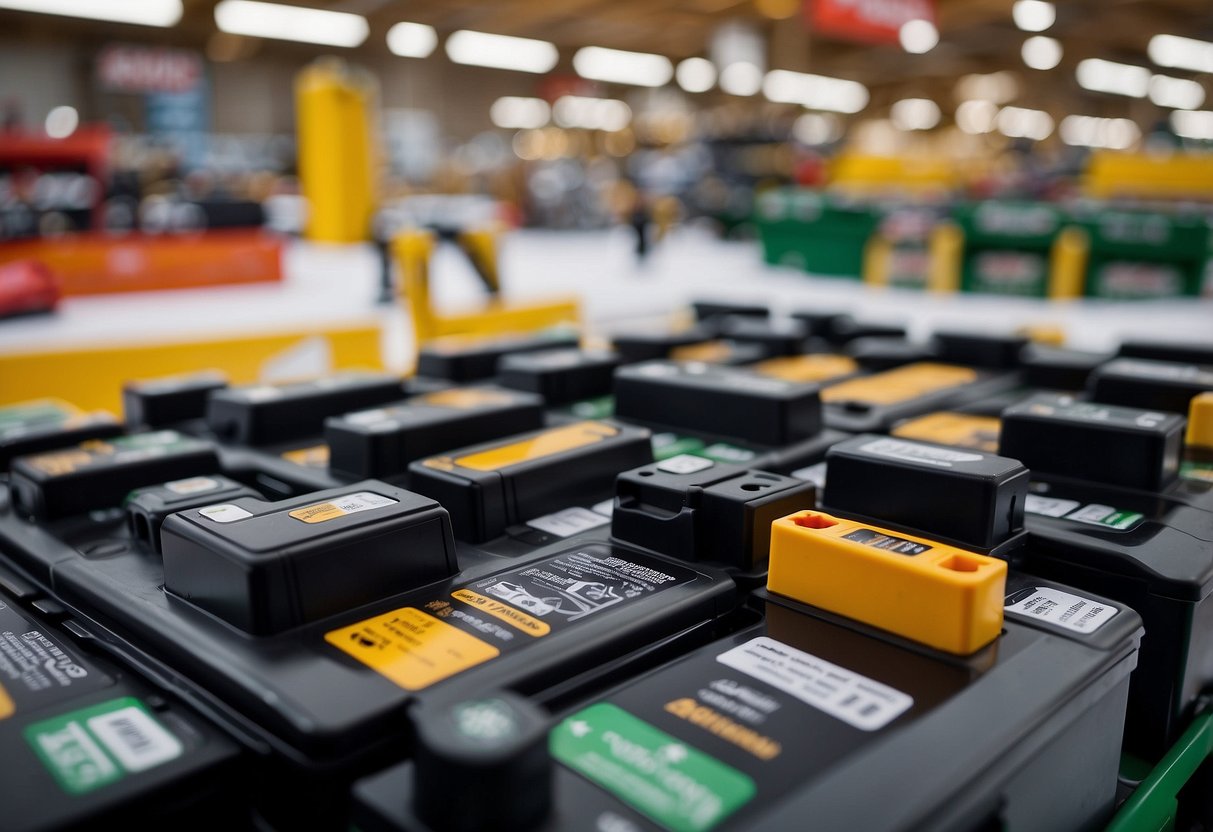 A car battery display at Menards, surrounded by seasonal and environmental elements such as snow, rain, and sunshine