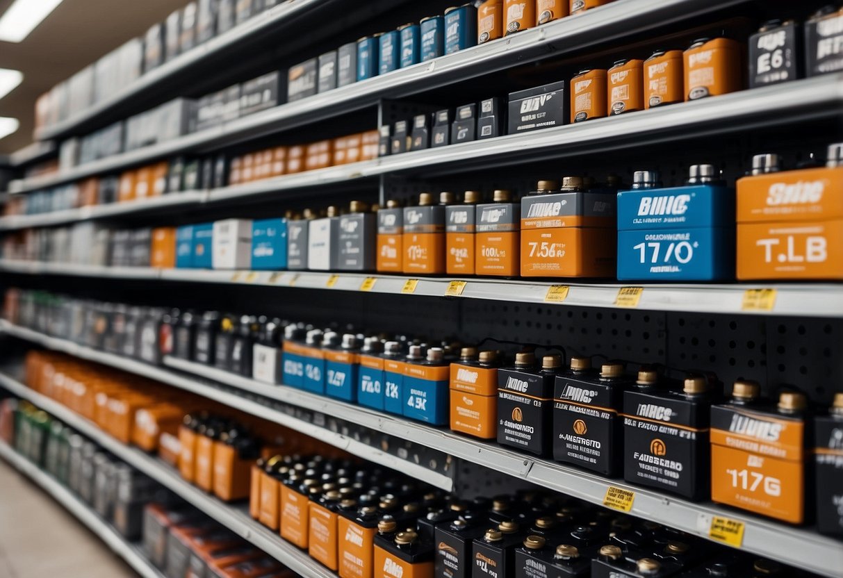 A variety of car battery brands displayed on shelves in an auto parts store. Different sizes and colors are visible, with brand logos and labels clearly visible