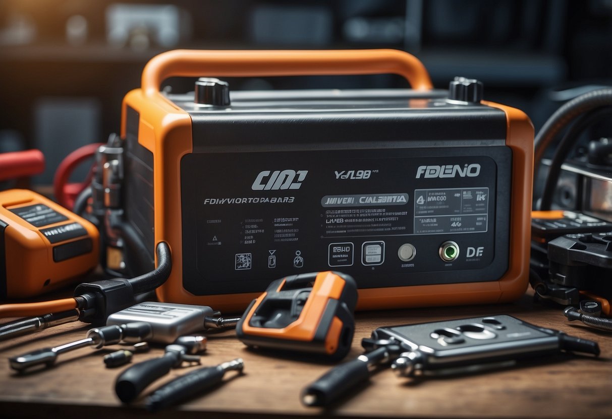 A car battery sits on a clean, well-lit workbench, surrounded by various tools and testing equipment. The brand name is clearly visible on the battery casing