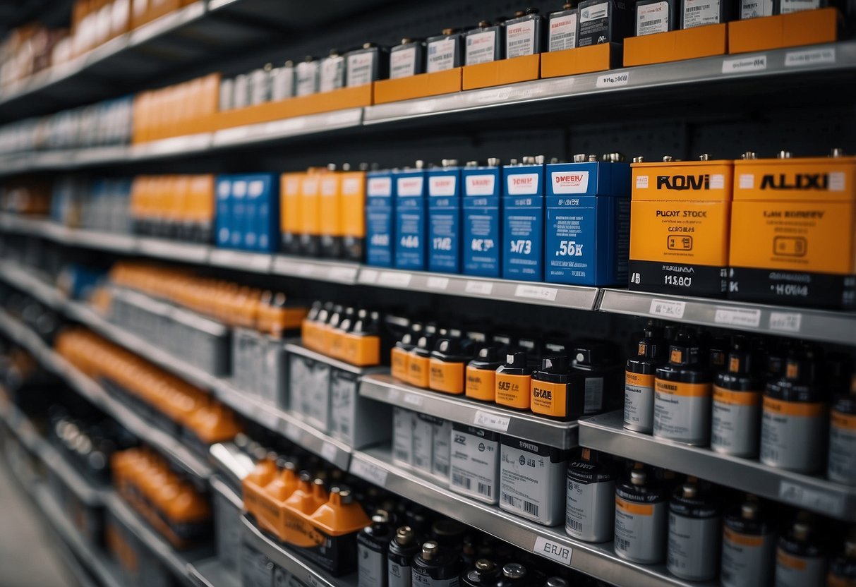 Various car battery brands displayed on shelves in a store, with price tags and specifications visible