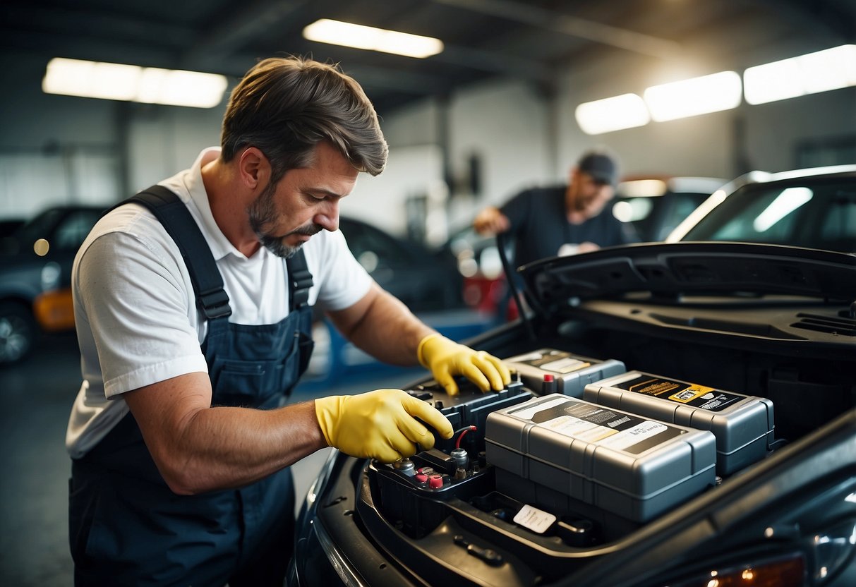 A mechanic installs a car battery, surrounded by various brands