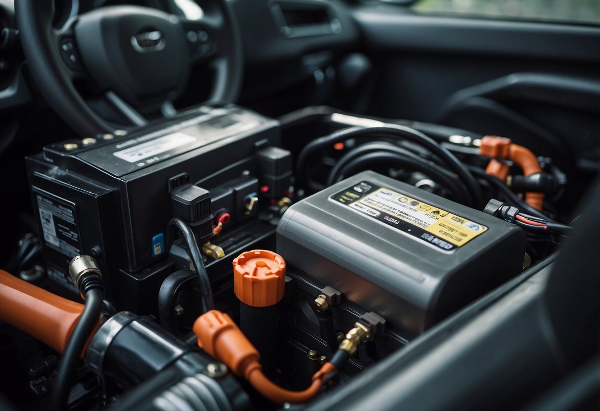 A car battery powers the air conditioning system, connecting to the compressor and fan to regulate the temperature inside the vehicle