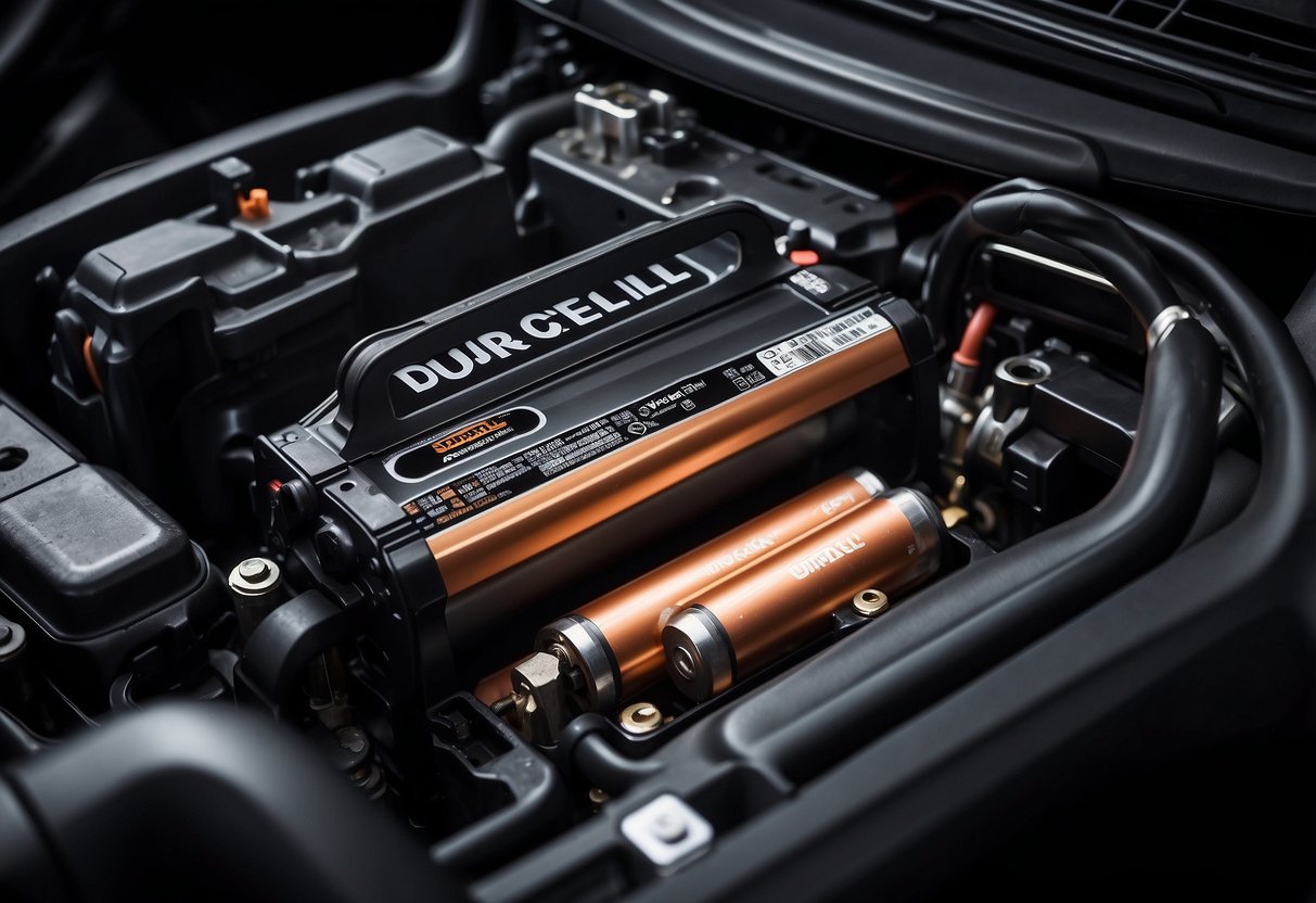 A Duracell car battery sits in a sleek, modern vehicle engine compartment, surrounded by clean, well-maintained components