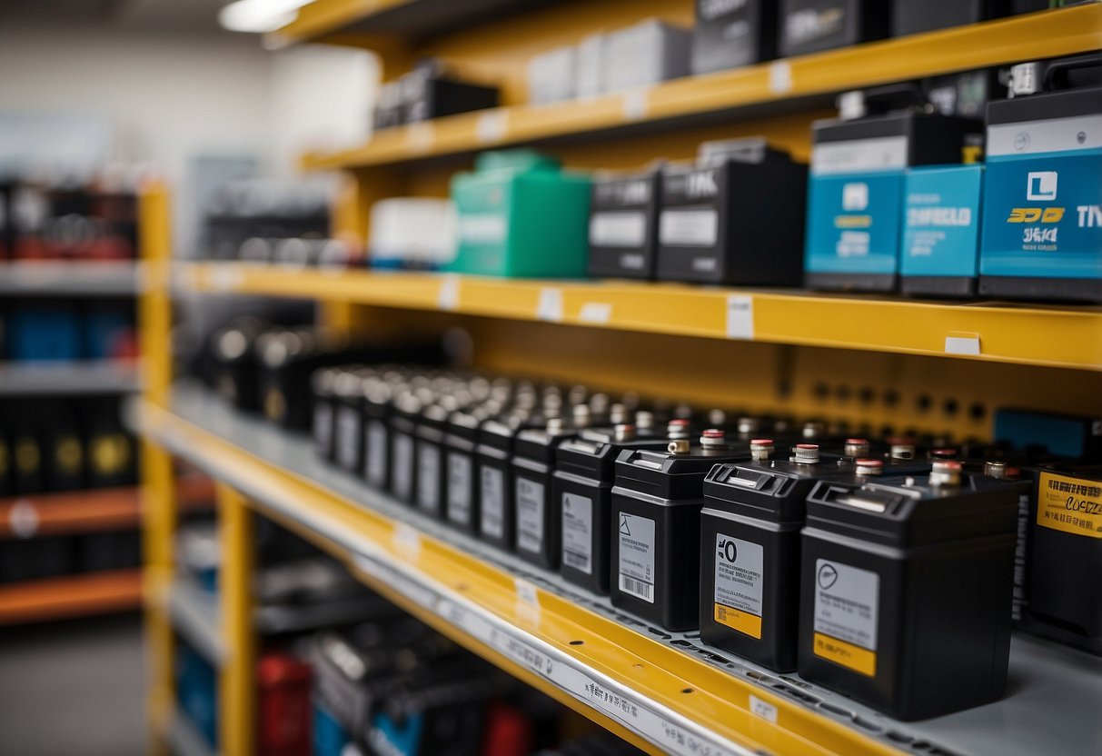 A car battery sits on a store shelf, surrounded by other automotive supplies. A charging cable is connected to it, indicating it is being charged before purchase