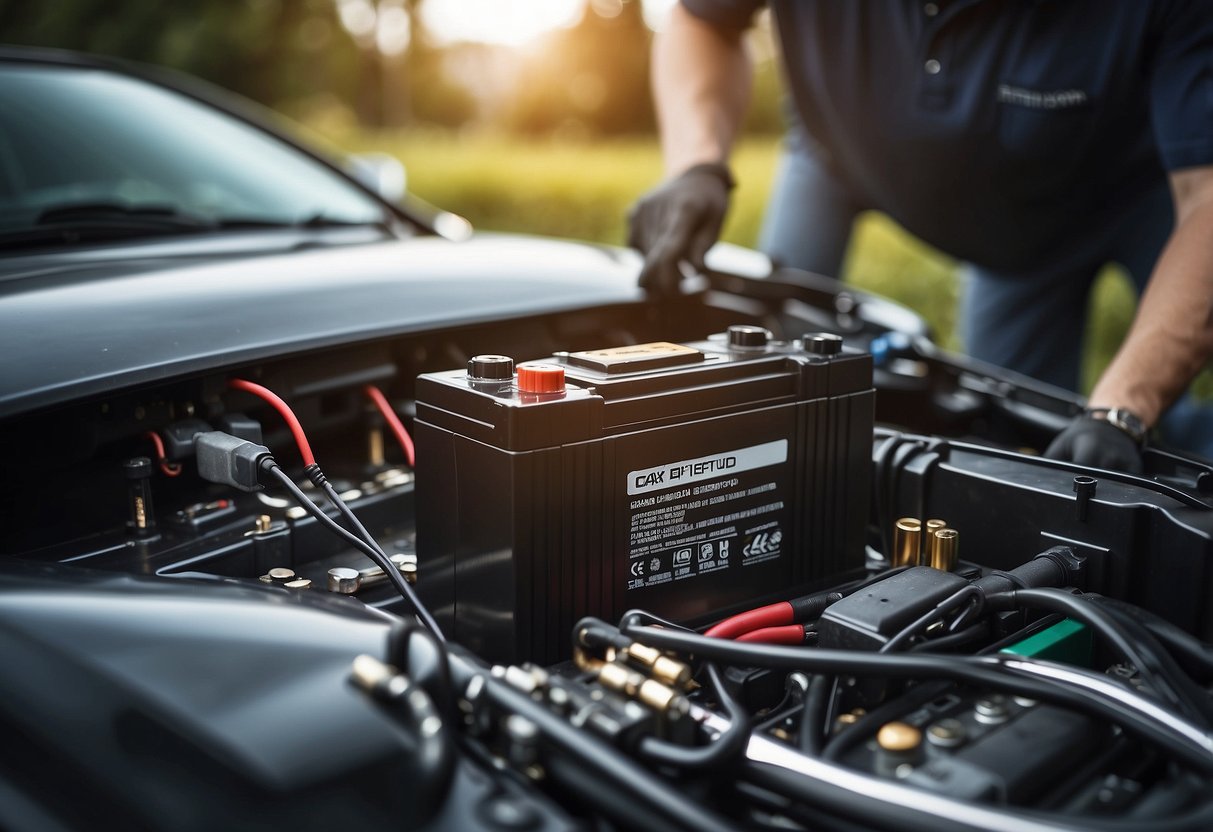 A car battery being removed and replaced by a new one, with tools and cables nearby