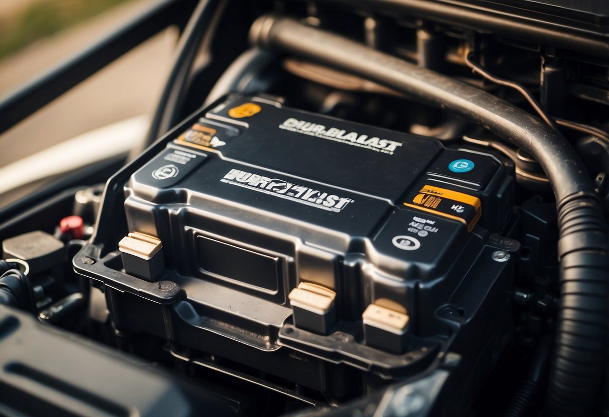 A Duralast car battery sits in a vehicle, surrounded by engine components. The battery appears new and untouched, with no visible signs of wear or corrosion