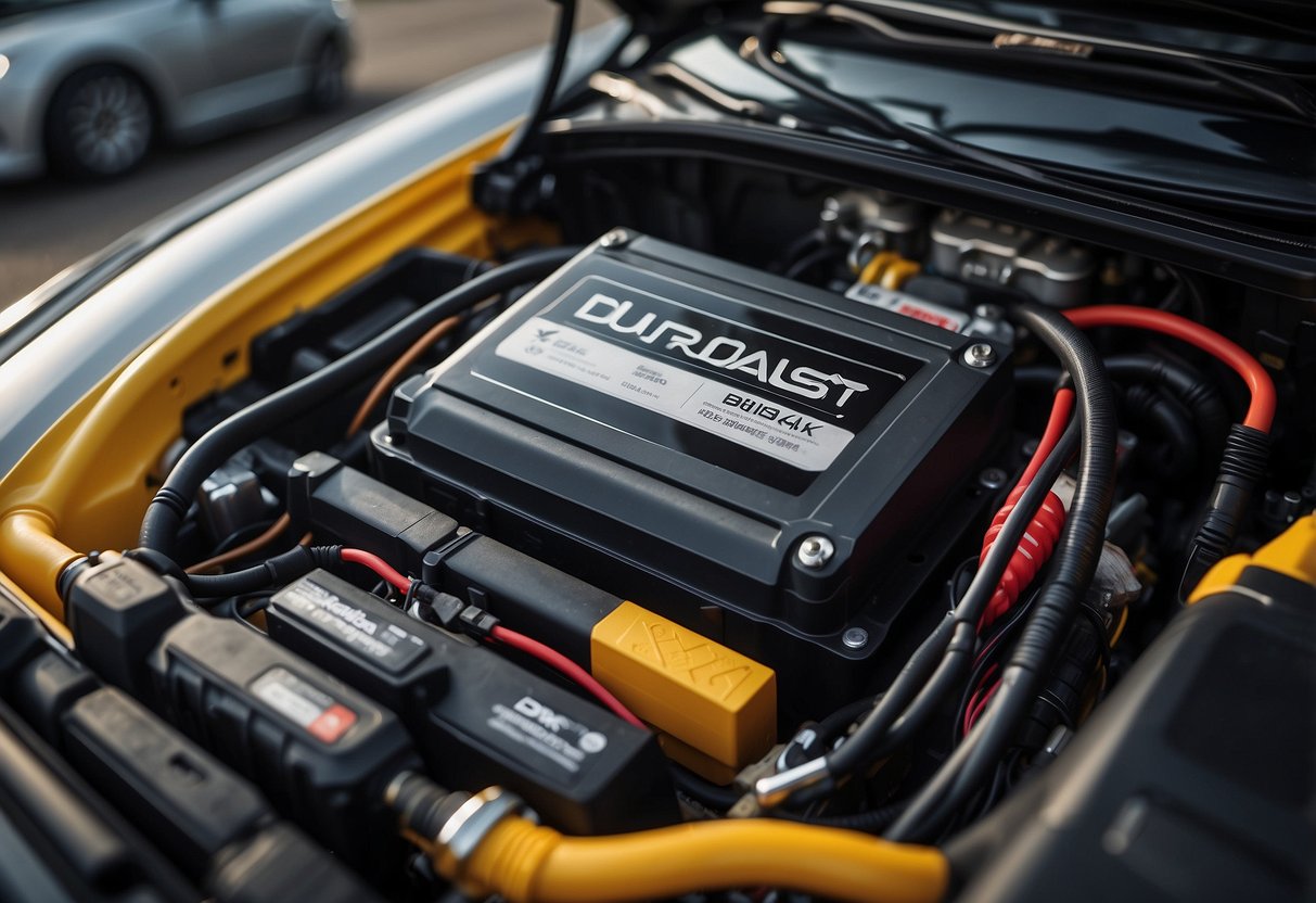 A Duralast car battery sits in a clean, well-lit engine compartment, surrounded by cables and other car parts. The label prominently displays the brand name and product features